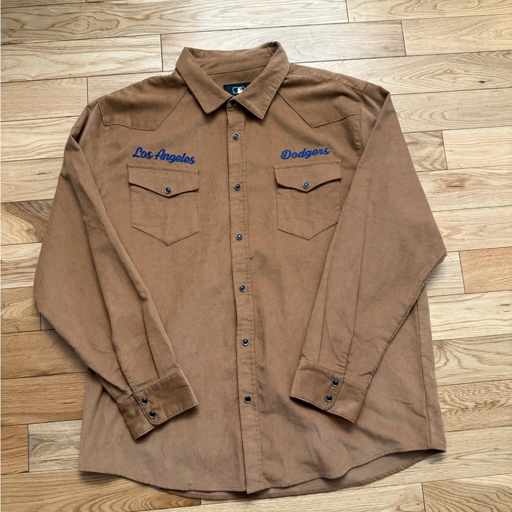 Brown Button-Up Shirt with Embroidered Dodgers